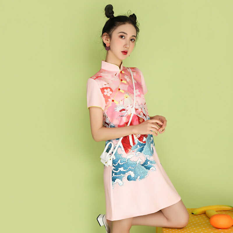 新款改良中國風少女國潮學生旗袍日常短款時尚粉色甜美連衣裙寬松
