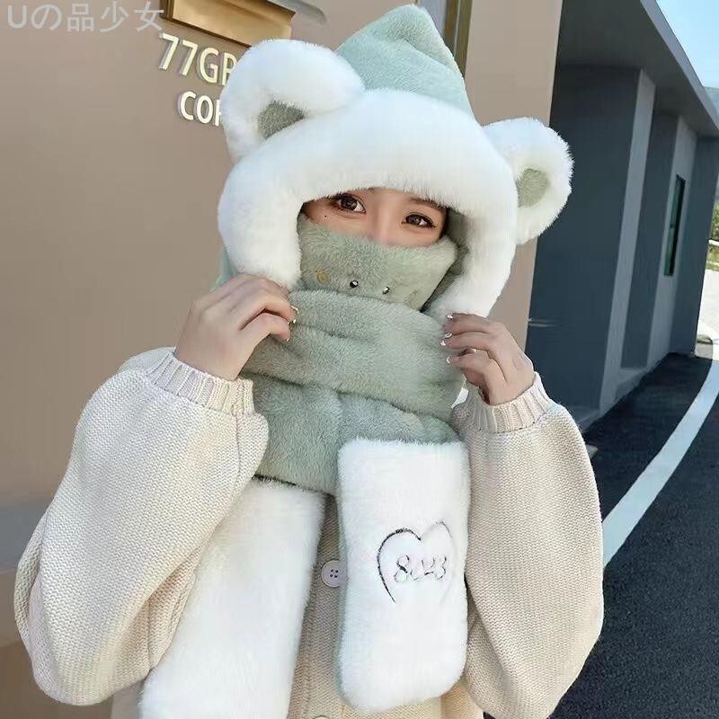 保暖加厚小熊圍巾 保暖帽手套圍巾三合一設計帽 圍脖 柔軟仿羊絨毛 冬天必備 針織帽 防風帽 交換禮物