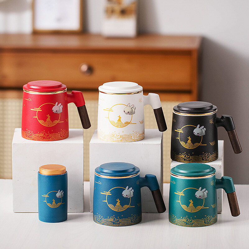 中秋玉兔陶瓷馬克杯茶水分離泡茶杯三件套辦公杯子印雕刻 0