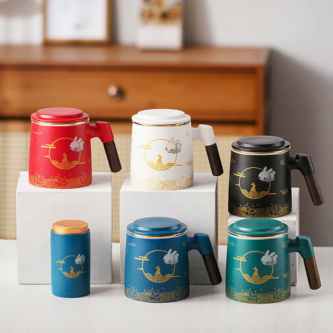 中秋玉兔陶瓷馬克杯茶水分離泡茶杯三件套辦公杯子印雕刻 0