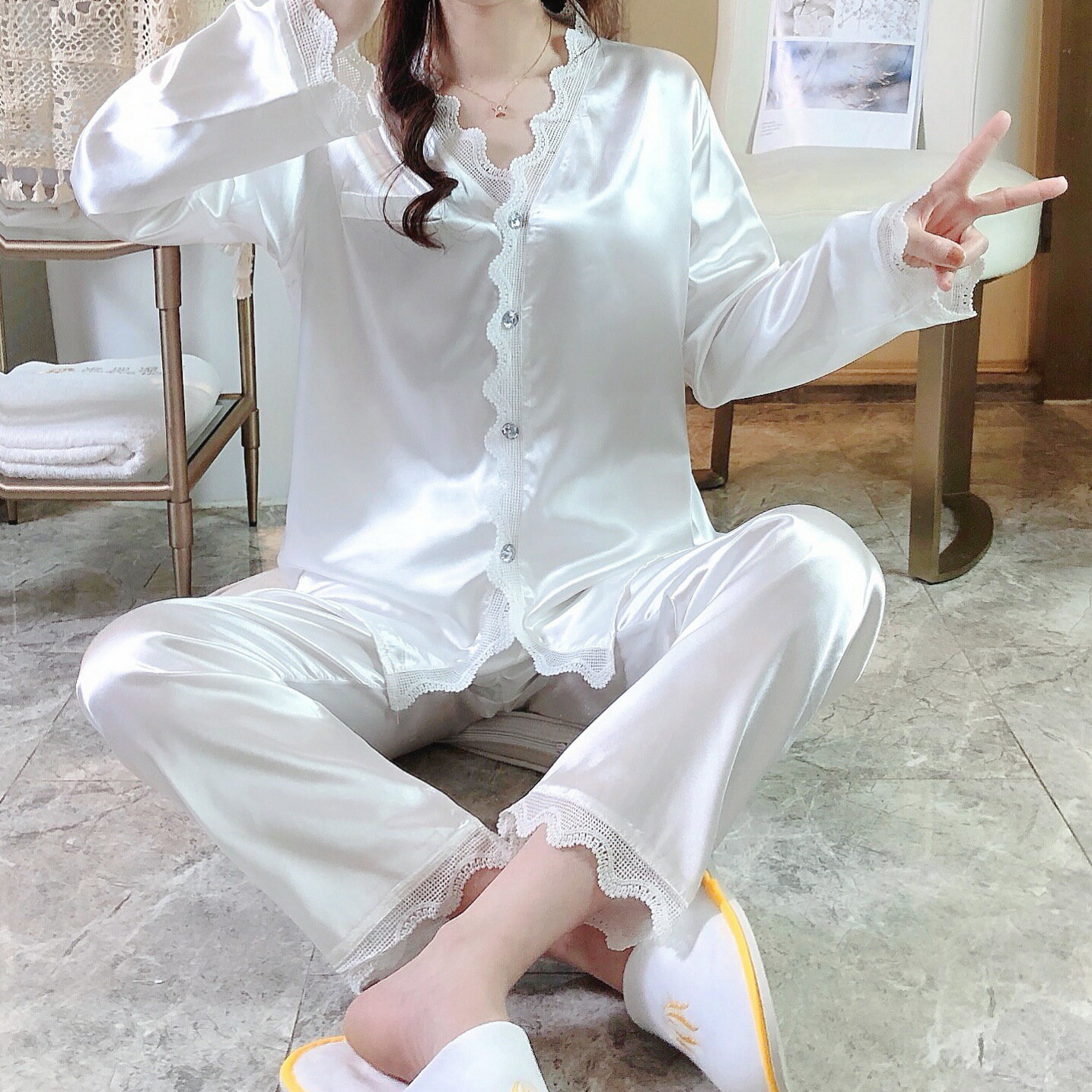 韓國冰絲睡衣女蕾絲花邊宮廷風性感純色高級感絲綢家居服春秋套裝