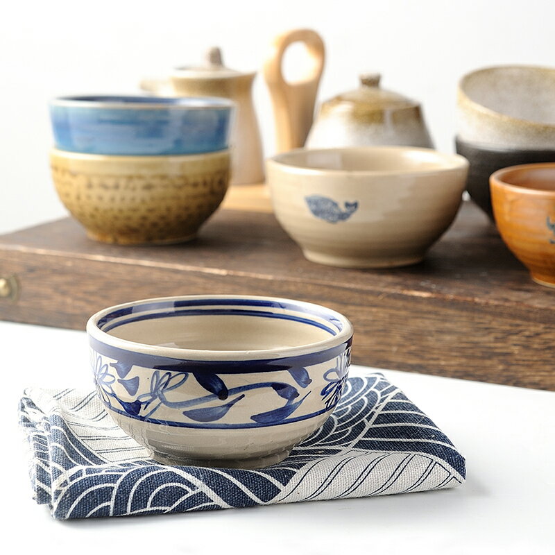 日式復古家用米飯碗陶瓷4.5英寸吃飯碗餐具碗碟10個套裝湯碗