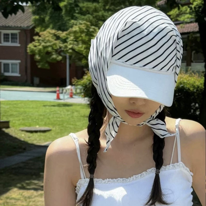 ANNAS 韓國下巴綁帶鴨舌帽 GD頭巾 防飛防曬帽子 巴拉克拉法帽 春夏條紋遮陽 6