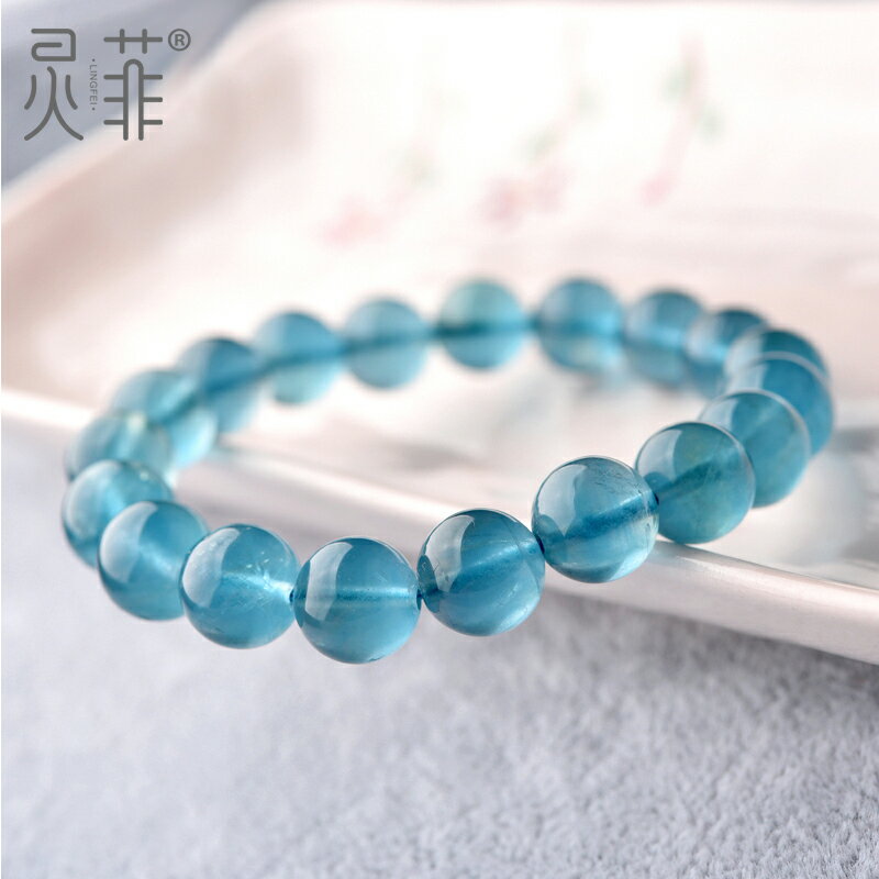 5A級天然藍螢石手鏈女藍色水晶珠子散珠單圈手串酷似魔鬼藍海藍寶