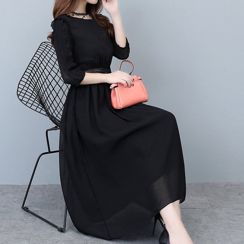 FINDSENSE G5 韓國時尚 七分袖 修身 雪紡 連身裙 長款 顯瘦 裙子