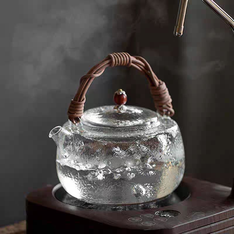 日式天然藤提樑電陶爐煮茶器家用燒水壺耐熱玻璃茶壺加厚提樑壺