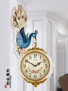 歐式雙面掛鐘客廳大氣兩面孔雀美式輕奢時鐘石英鐘表創意家用掛表