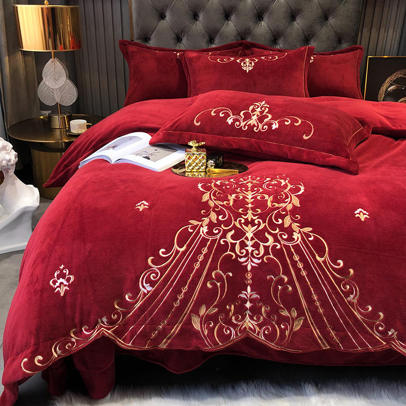 結婚保暖婚慶冬季加厚紅色牛奶珊瑚法蘭絨四件套床上用品被套床單