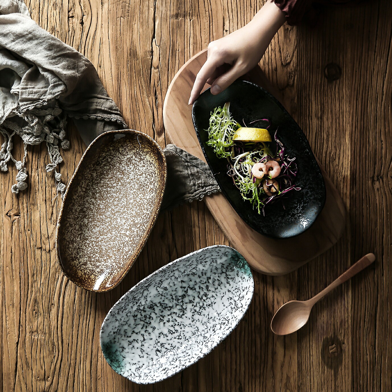 日式復古和風精致餐具家用沙拉粗陶料理異形船形碗冷菜小吃碗商用