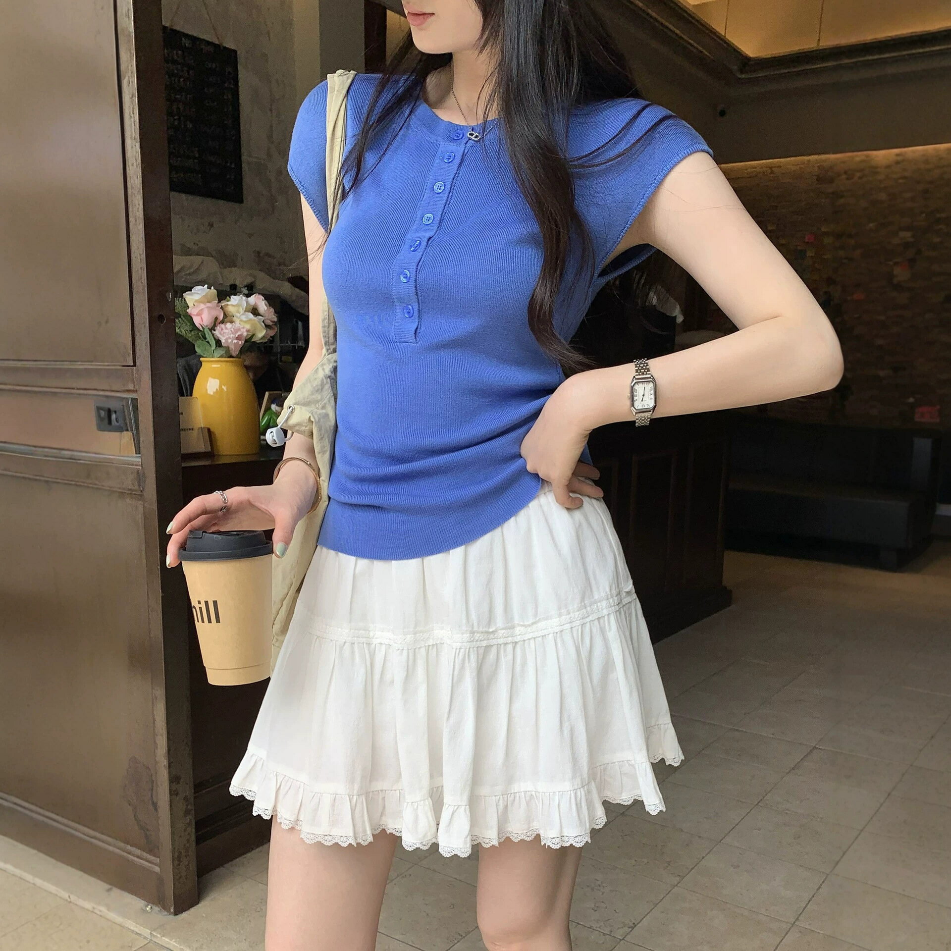 萊賽爾天絲電光藍黑灰色正肩短袖針織衫女夏季新款亨利領顯瘦t恤#Hi, 貼心優衣家居#