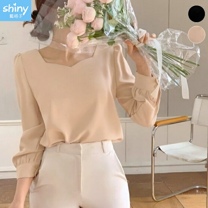 甜釀溫柔．素面氣質方領泡泡袖長袖上衣－shiny藍格子【V5176】