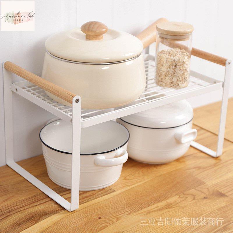 日式廚房檯面置物架 櫥櫃鍋具碗碟分層架 木棒手提 護膚品小物件收納架