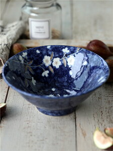 日本進口陶瓷餐具藍櫻花斗笠面碗湯碗日式和風拉面碗釉下彩精致