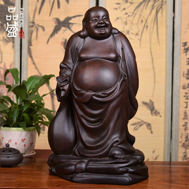 黑檀木雕彌勒佛像布袋笑佛站式大號實木雕刻紅工藝品送禮風水擺件1入