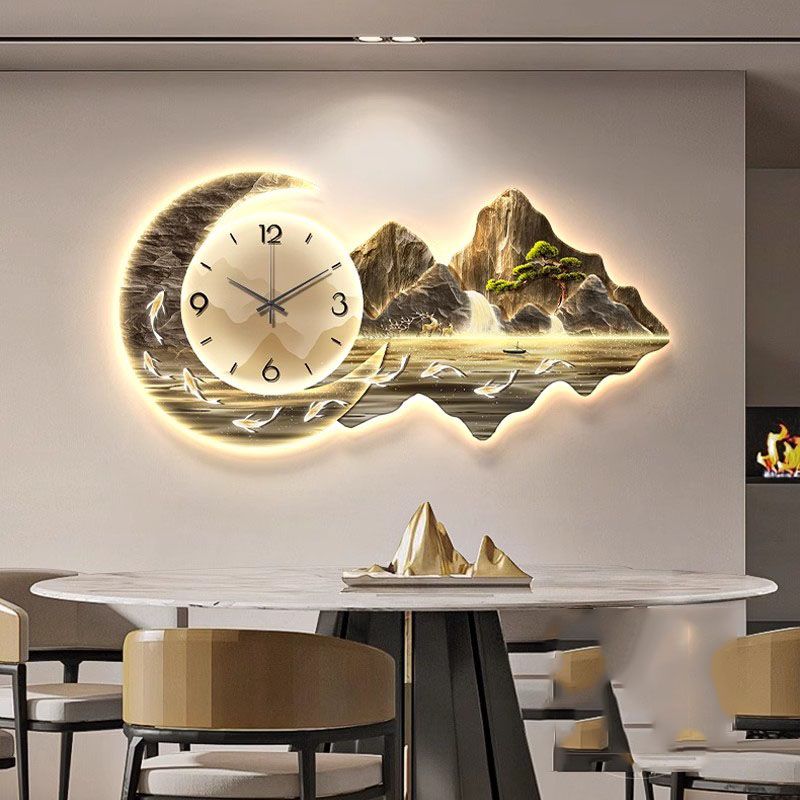 九魚圖餐廳裝飾畫現代輕奢高檔山水鐘表掛鐘餐桌背景墻飯廳壁燈畫