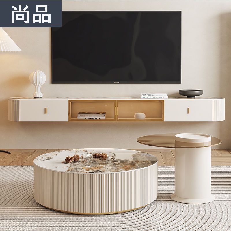 懸空巖板電視柜茶幾組合現代簡約客廳小戶型極簡懸掛式懸浮實木柜