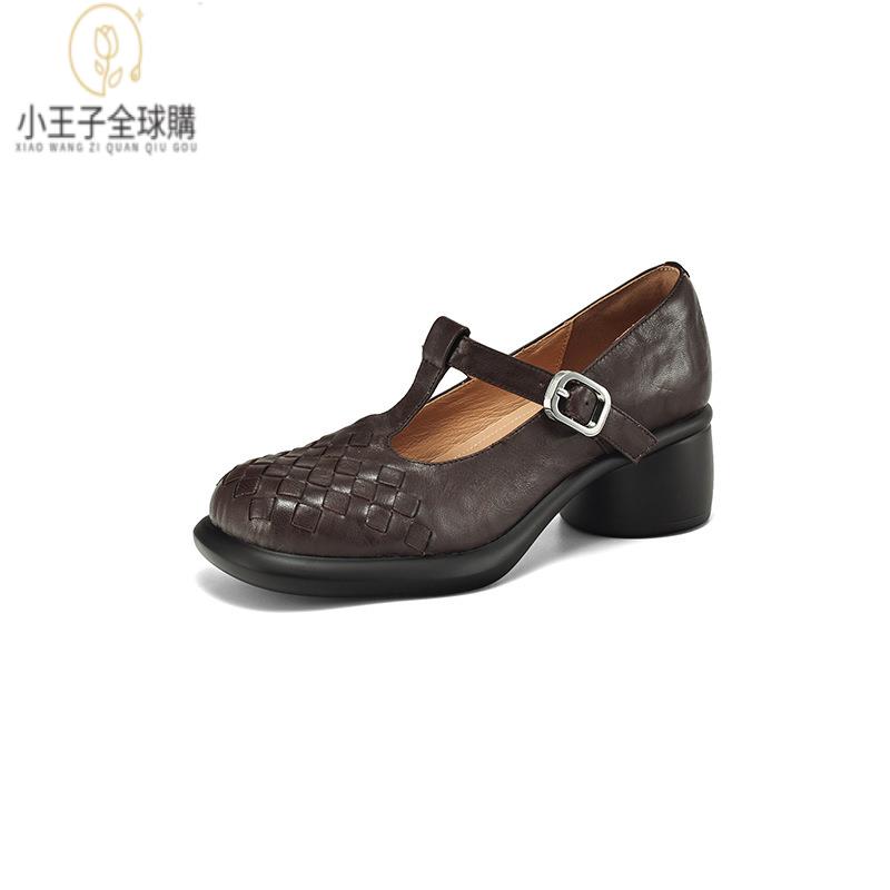 【公司現貨速發】免運 開發票 小短靴 堆堆靴 真皮女鞋 羊皮鞋 小皮鞋 樂福鞋圓頭編織厚底小皮鞋秋季新款頭層手抓羊皮復古瑪麗珍單鞋 定製