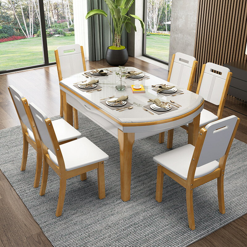 餐桌 大理石實木餐桌可伸縮折疊餐桌椅組合家用小戶型吃飯圓桌