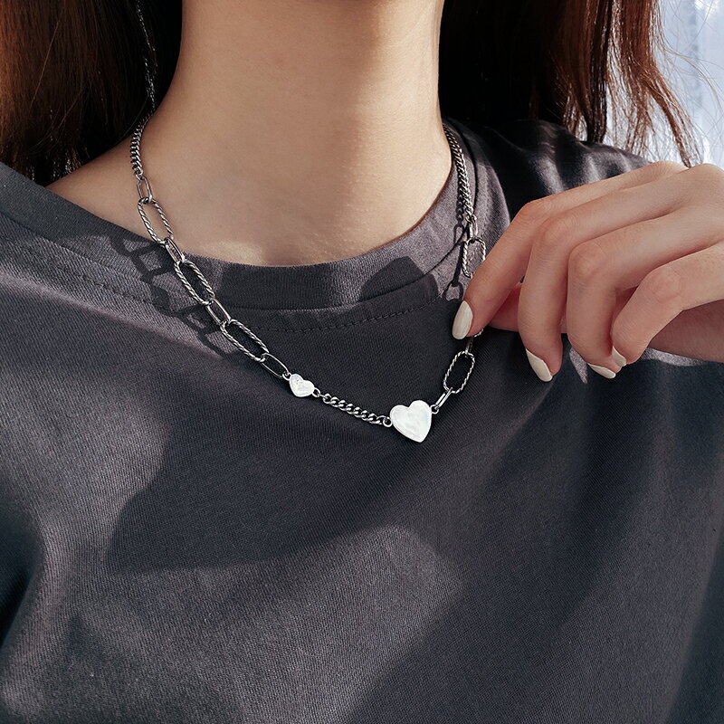 925純銀愛心項鏈女年新款簡約小眾鎖骨鏈復古泰銀粗鏈條頸鏈 1