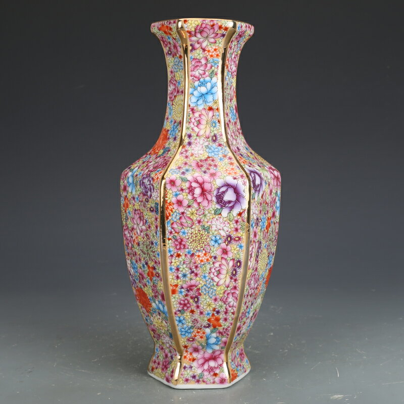 景德鎮陶瓷器擺件乾隆粉彩六方瓶仿古瓷器古董古玩玄關干花花瓶
