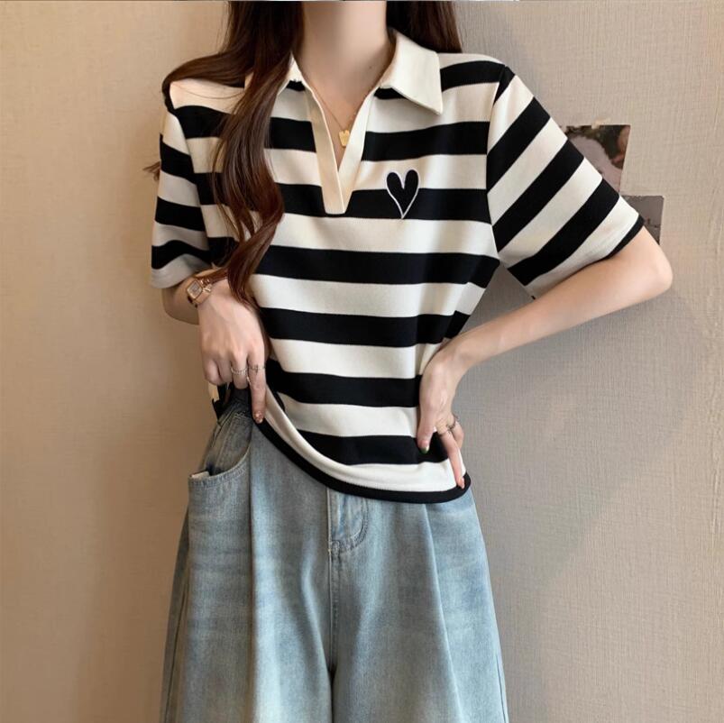 大碼女裝條紋正肩polo領短袖t恤女夏季休閑遮肚顯瘦上衣【繁星小鎮】