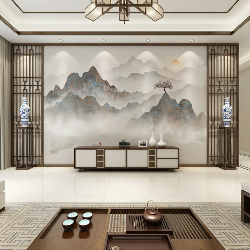 ??特價??中式客廳電視背景墻壁紙抽象意境水墨山水畫墻紙壁畫