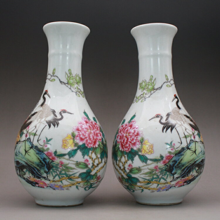仿古瓷器 清乾隆粉彩花鳥仙鶴花瓶一對 古玩古董陶瓷器收藏羽墨軒