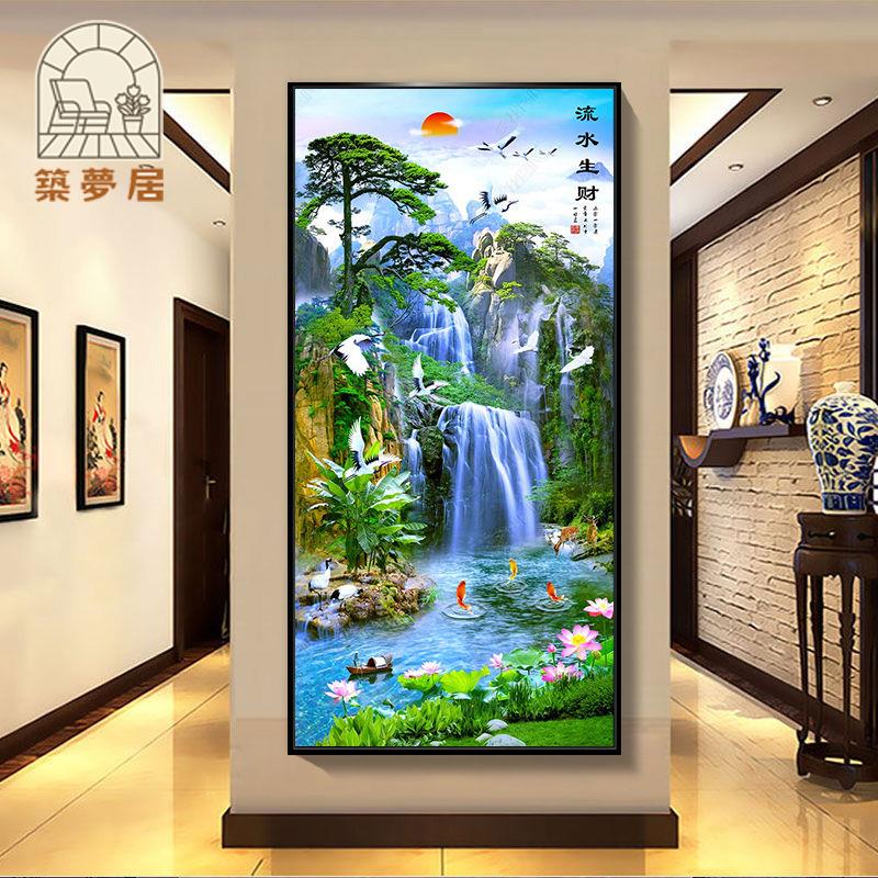免運 掛畫 山水畫 玄關掛畫 辦公室掛畫 現代入戶玄關裝飾畫豎版走廊盡頭掛畫新中式山水招財流水生財壁畫特惠/開立發票 全館八折 z1225
