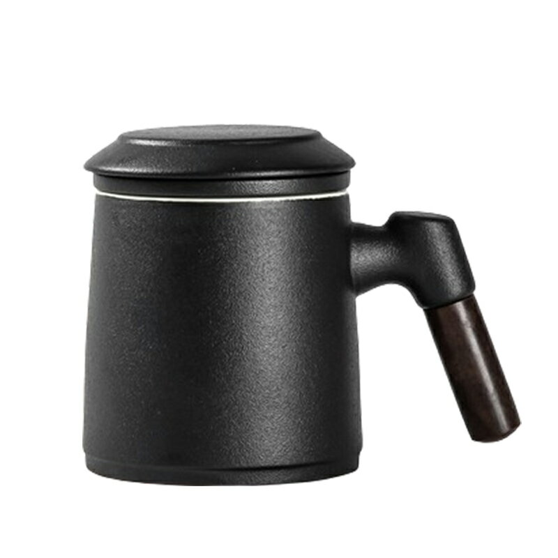 [現貨]茶杯 日式 400毫升 辦公室泡茶杯 陶瓷家用帶蓋過濾茶水分離杯 帶蓋過濾木把手 日式陶瓷含蓋過濾馬克杯 0