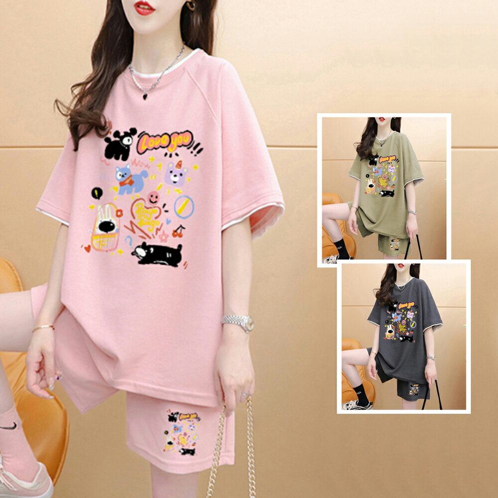 ＊ORead＊圓領印花短褲休閒運動套裝(3色M~XL)