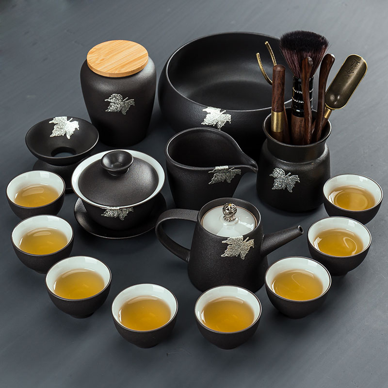 黑陶茶具套裝家用簡約復古陶瓷功夫辦公室泡茶壺茶杯蓋碗茶盤整套