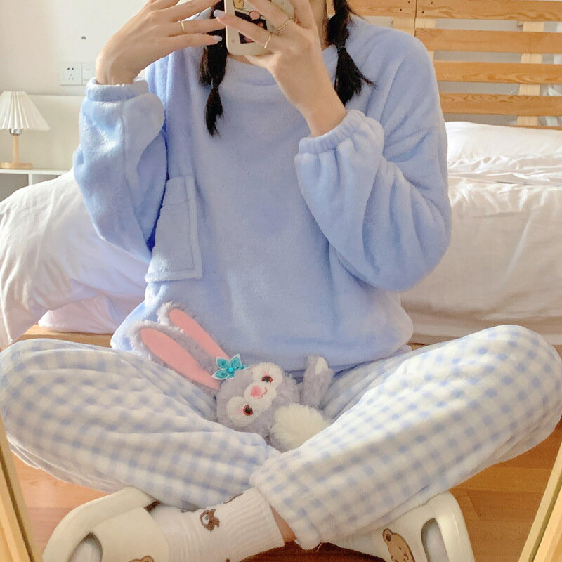 韓國ins風法蘭絨睡衣女士長袖格子褲保暖加厚簡約寬松家居服套裝