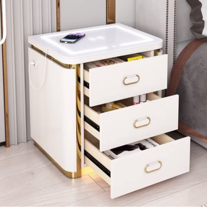 小型智能床頭櫃 現代簡約輕奢實木收納櫃 創意臥室家用床邊櫃
