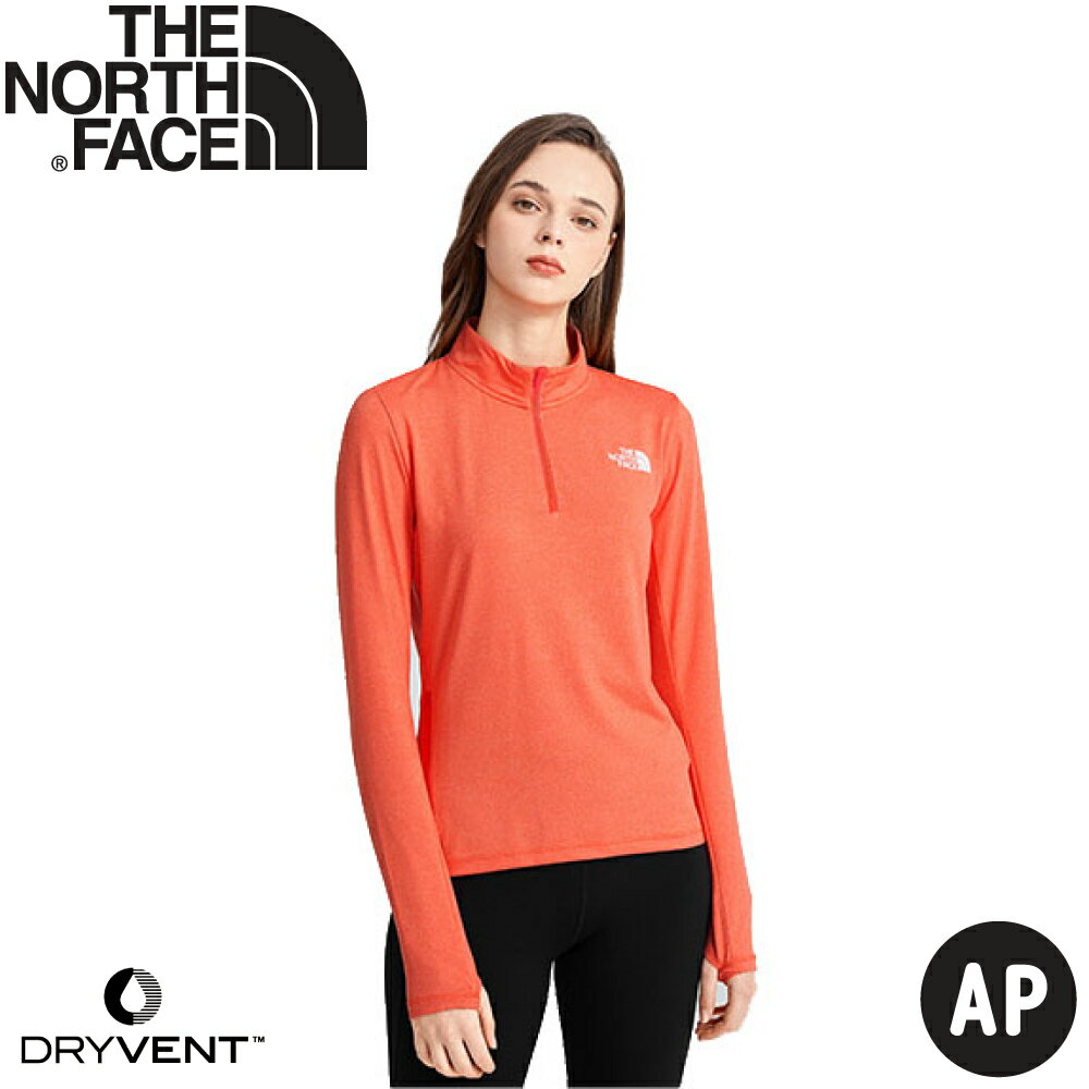【The North Face 女 排汗透氣立領上衣AP《橘紅》】538U/薄長袖/春夏款/排汗衣
