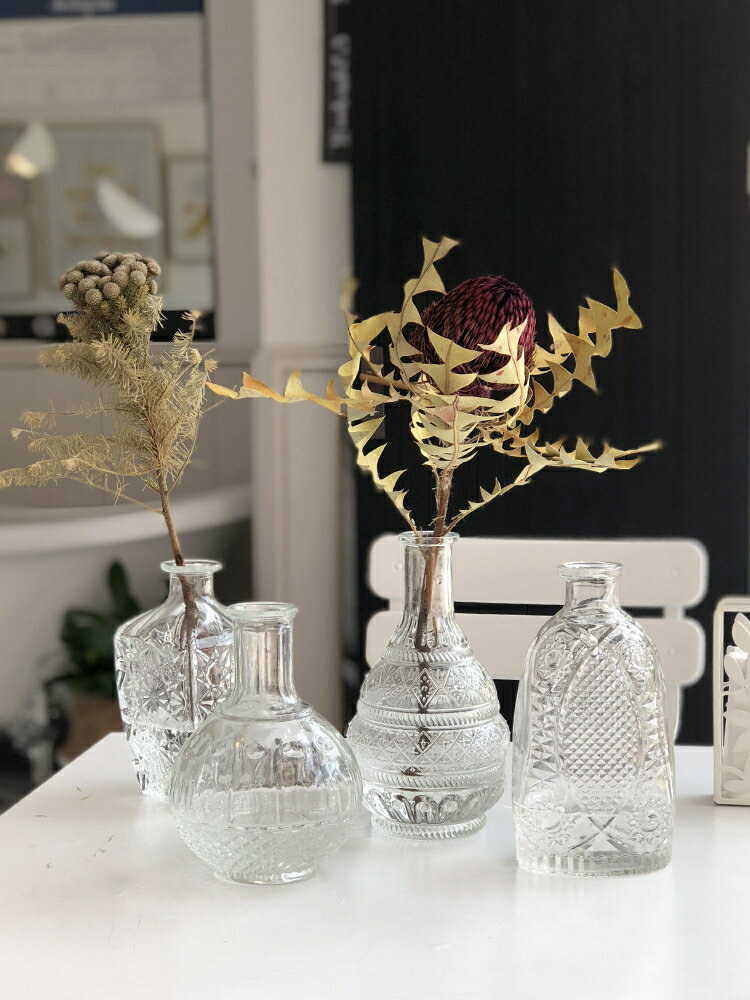 ins北歐創意浮雕玻璃花瓶透明水培花器歐式客廳簡約干花插花擺件