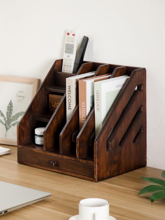 復古實木桌面書架辦公室文件架收納盒創意木質文具用品雜志置物架