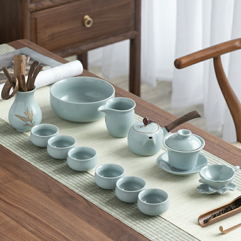 汝窯功夫茶具套裝家用客廳簡約辦公室會客陶瓷開片蓋碗茶杯泡茶壺