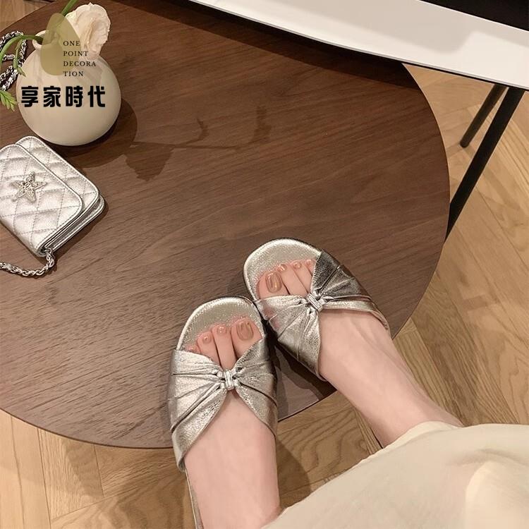 免運 真皮 版同款方頭小羊皮褶皺平底拖鞋女款涼拖鞋外穿夏季xj7301