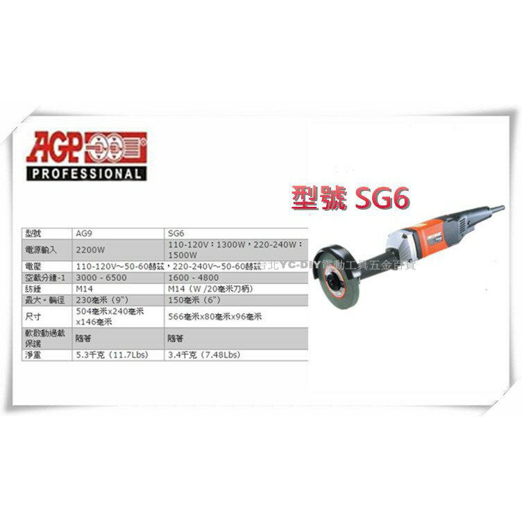 【臺北益昌】臺製品牌 AGP SG6 直式 長柄 手提砂輪機 研磨機 砂布輪機 拋光機