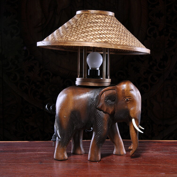 東南亞風格復古竹編創意臥室臺燈床頭燈 泰式木質雕刻大象臺燈
