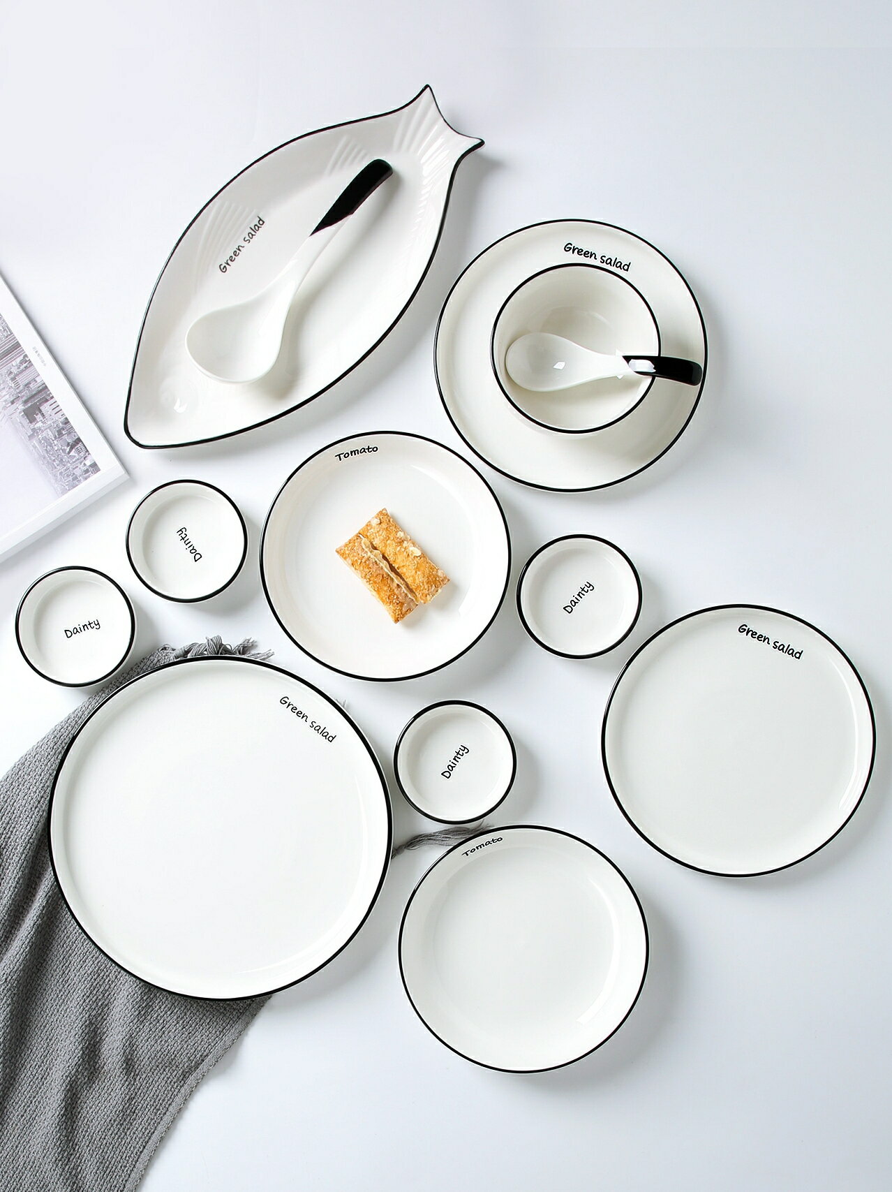 北歐簡約陶瓷盤子菜盤家用組合套裝釉下彩創意大號蒸魚盤子西餐盤