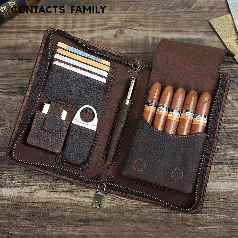 保濕盒 復古真皮雪茄盒 5支裝 帶手腕拉鏈多功能 旅行便捷雪茄煙盒 牛皮套