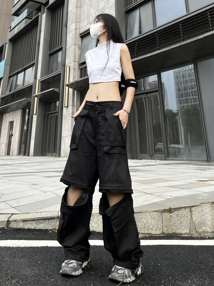 美式可拆卸vibe風街舞工裝休閒褲女男寬鬆嘻哈高街hiphop直筒闊腿