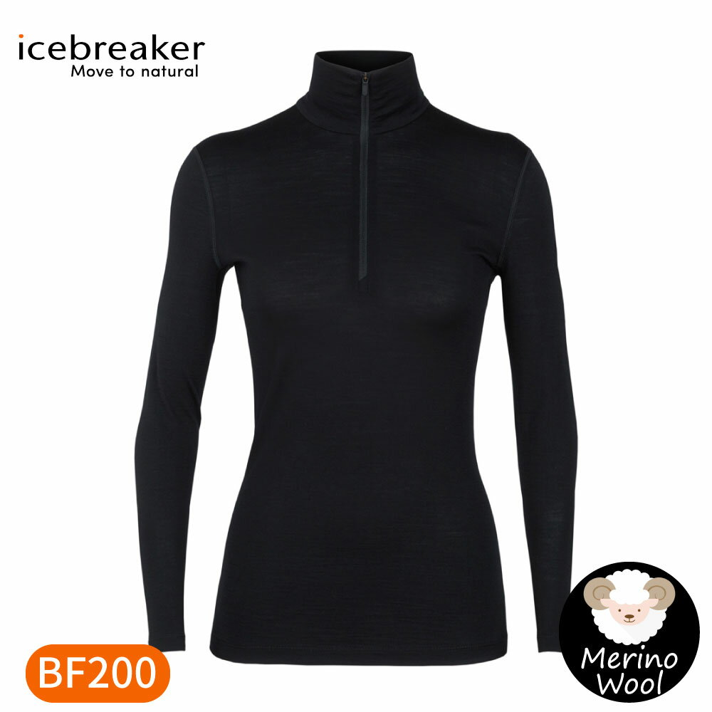 【Icebreaker 女 Oasis 半開襟長袖上衣BF200《黑》】104380/內層衣/衛生衣/內搭衣