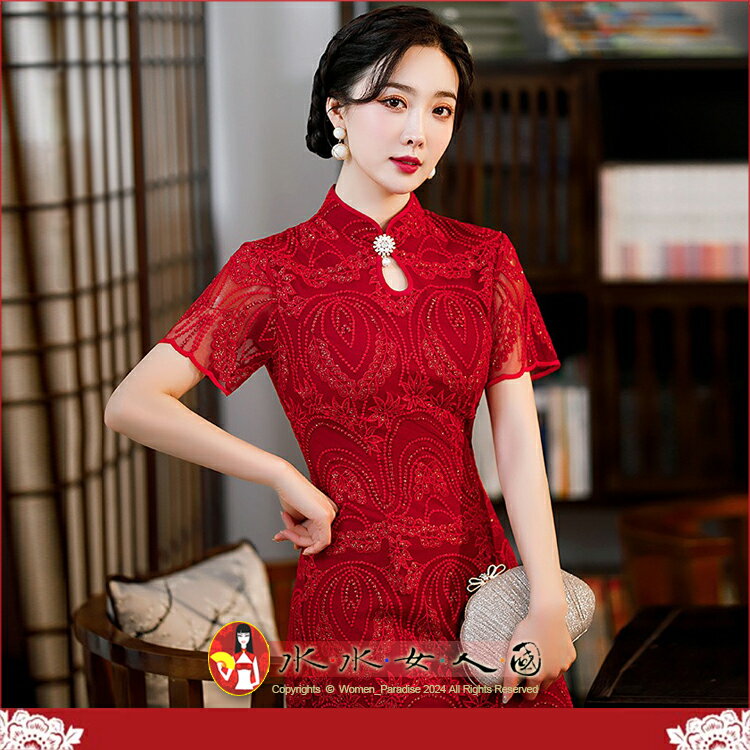 紅色蕾絲短袖A擺旗袍立領婚禮敬酒服中式改良時尚旗袍訂婚中長款連身裙洋裝禮服M-4XL加大尺碼-喜艷-水水女人國