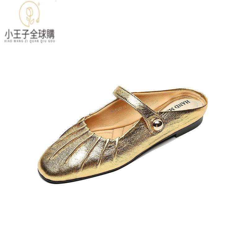 【公司現貨速發】免運 開發票 小短靴 堆堆靴 真皮女鞋 羊皮鞋 小皮鞋 樂福鞋大碼34-43包頭外穿涼拖春夏新款圓頭平底一字帶褶皺女拖 定製