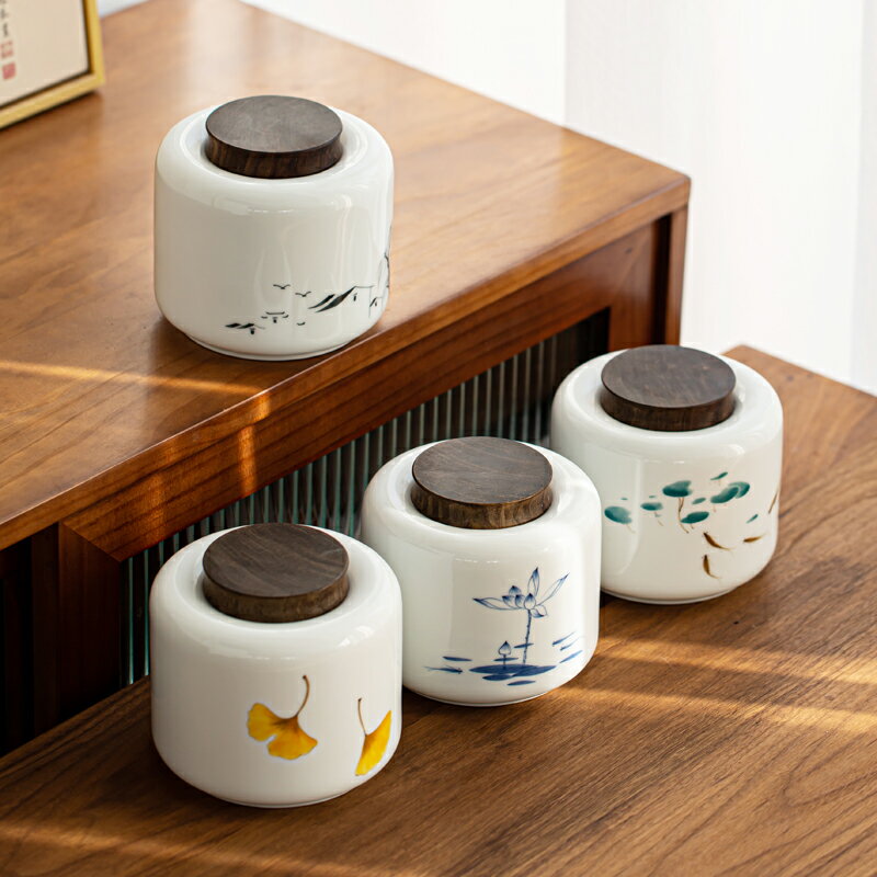 純手繪白瓷茶葉罐精品高檔私房茶禮盒包裝陶瓷中式存儲罐密封家用