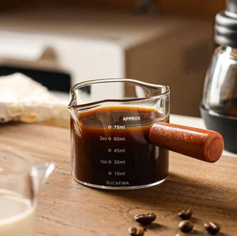 咖啡杯玻璃帶刻度意式濃縮咖啡萃取量杯木柄奶盅shot盎司杯【步行者戶外生活館】P