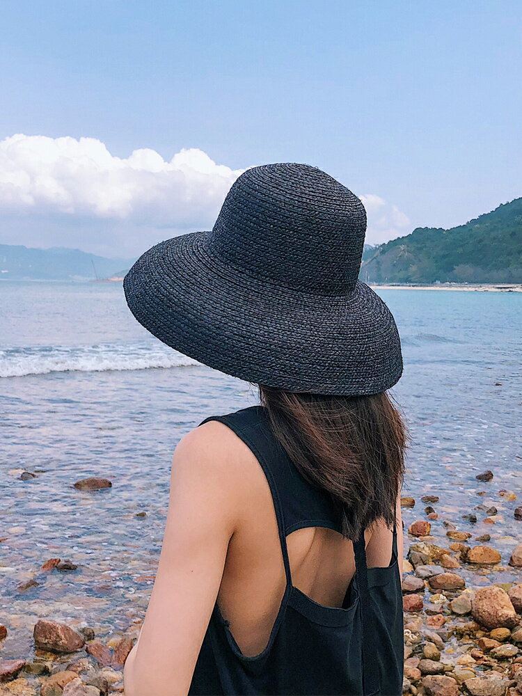 復古名媛優雅赫本黑色網紅大沿拉菲草帽女夏旅行防曬遮陽帽沙灘帽1入