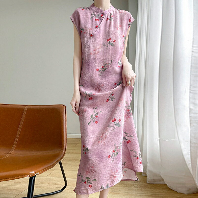 【巴黎精品】改良旗袍短袖連身裙-中國風櫻桃印花緞面女裙子3色a1iz18